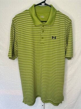 Under Armour Loose HeatGear Men’s Polo Shirt L Green Striped Short Sleeve